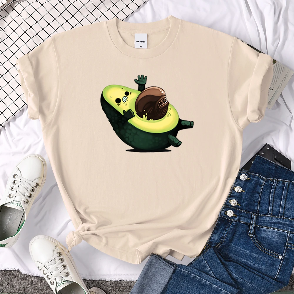

Womens T-Shirts Avocado And Monster Cartoon Printed Tshirt Famale Oversized Loose Casual O-Neck Top Lady Funny Soft Slim Tshirts