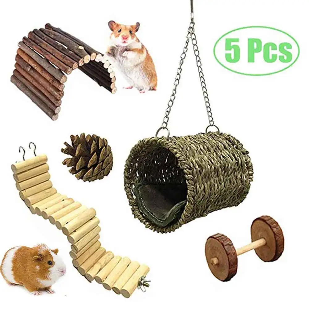 

5 Pcs Hamster Chew Toys Set Wooden Small Pet Toys Cage Toys Hammock Nest Swing Bridge Ladder Stairs Climbing Toys for Hamster