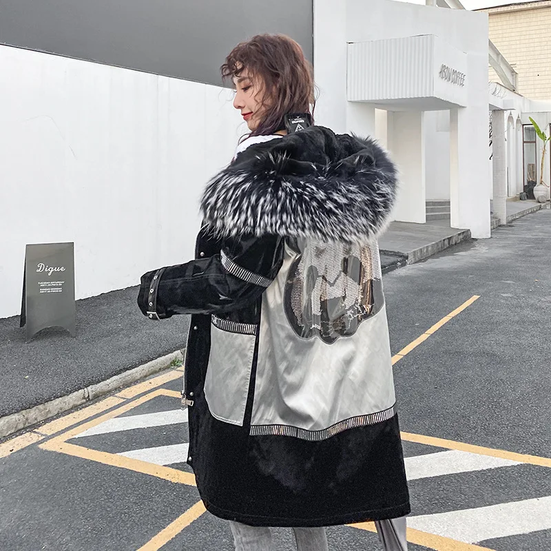 Panda Animal Parkas Women Middle Length Rex Rabbit Fur Liner Raccoon Dog Fur Collar Coats Red Hooded Warm Soft Outwear Female