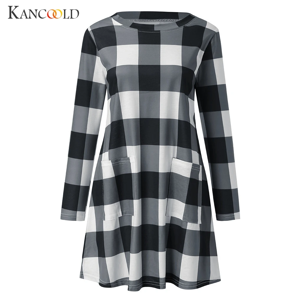 Женское платье в клетку KANCOOLD свободное повседневное пляжное с круглым вырезом и