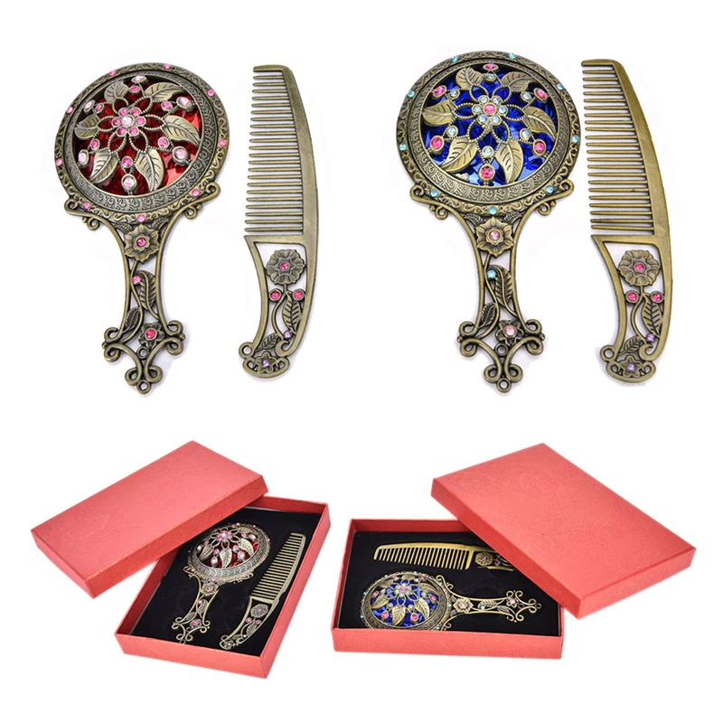 

GU158 Classic Chic Retro Vintage Pocket Mirror Compact Makeup Mirrors Comb Set Hand Make Up Bronze Hollowed-Out
