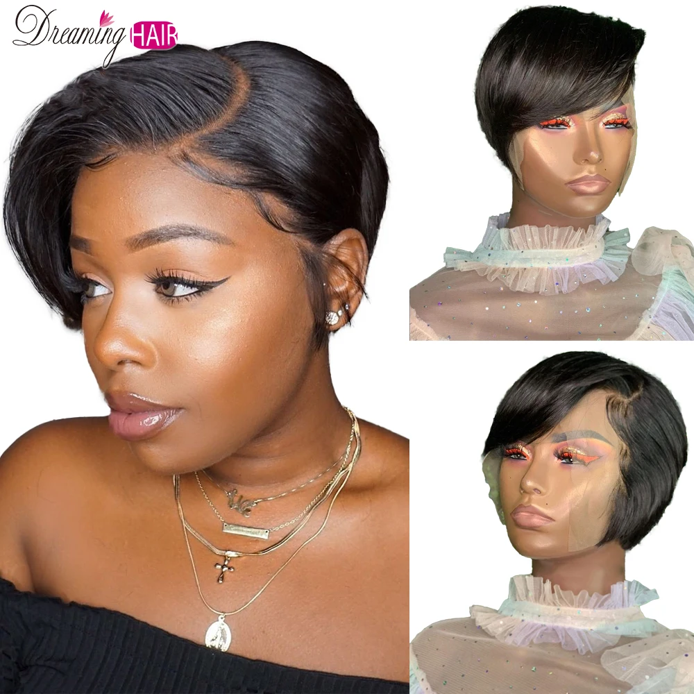 Парик Pixie Cut боковая часть кружевные передние человеческие волосы парики для