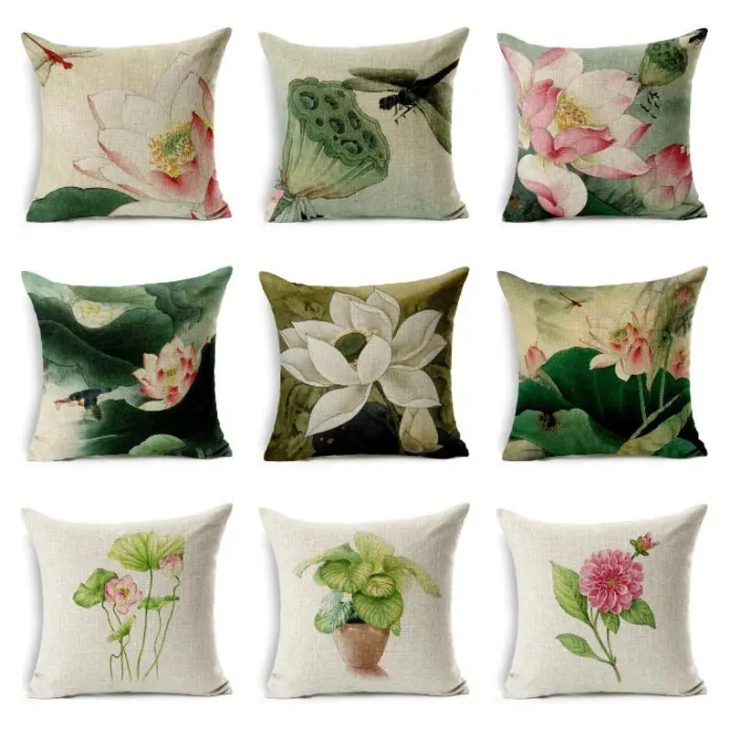 

Beautiful Lotus Printing Pillow Case Cotton Linen Simple Flower Lotus Pattern Throw Decorative Pillowcases Cover almohada ZT271