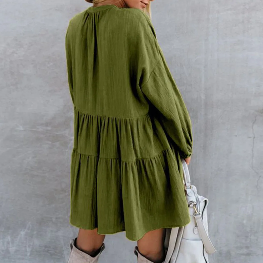 Женское платье трапеция с рюшами однотонное Свободное v образным вырезом и