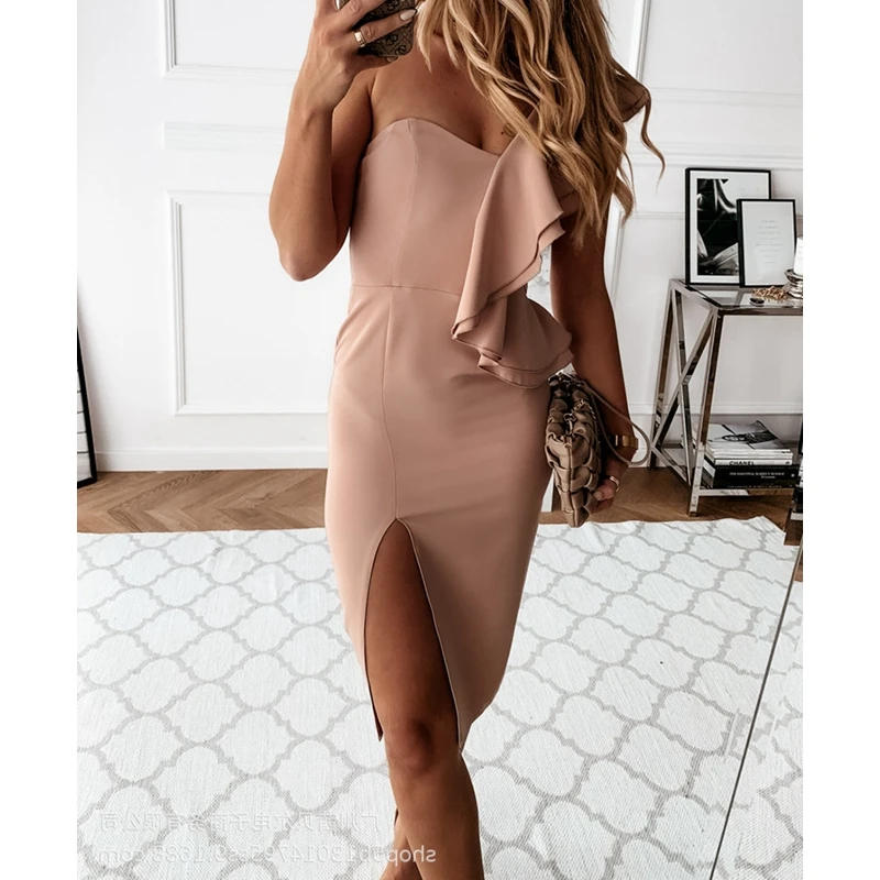 

Mandylandy Sexy Spite Dress Vestidos Solid One-Shoulder Party Dress Slim Fits Multi-Layer Lotus Leaf Midi Dresses High Waist