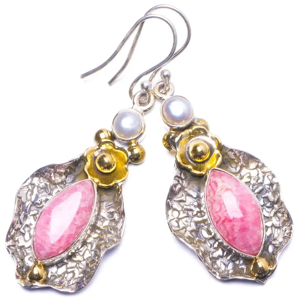 Natural Two Tones Rhodochrosite and River Pearl Handmade Unique 925 Sterling Silver Earrings 2&quot Y1407 | Украшения и