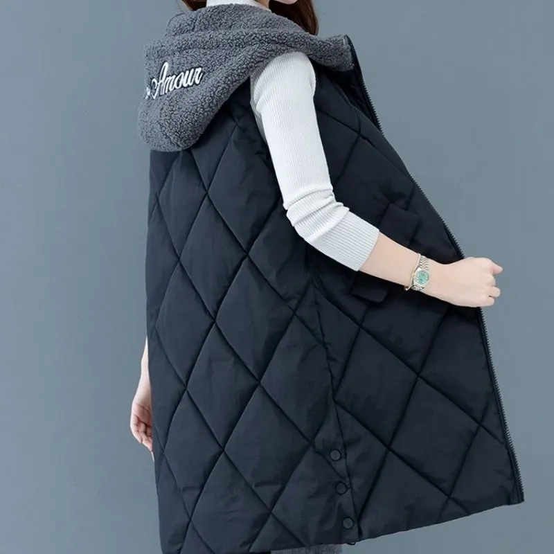 

Winter 2021 Lambswool Hooded Vest Women Casual Slim Pocket Zipper Sleeveless Jacket Office Lady Warm Cotton Waistcoat M-3XL