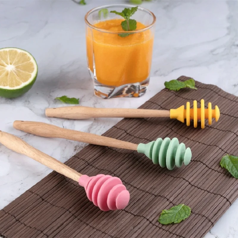 

Silicone Honey Sauce Stirrer Spoon Beech Wood Handle Practical Mixing coffee milk tea stir bar Honey Dipper Sticks Kitchen Tool