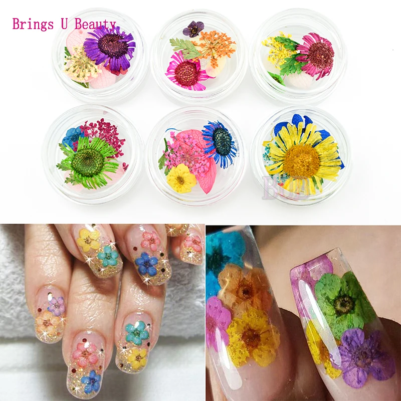 

6 bottles 3D Real Dried Dry Flower Nail Art Decoration Mini Real Natural Flower UV Gel Nails Stickers Nails Manicure Tips Decals