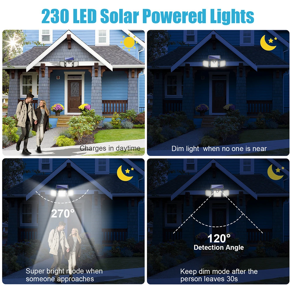 

230LED Solar Lights Outdoor 3 Head Motion Sensor Wall Lights Waterproof Adjustable Angle Super Bright Lights For Garden Wall