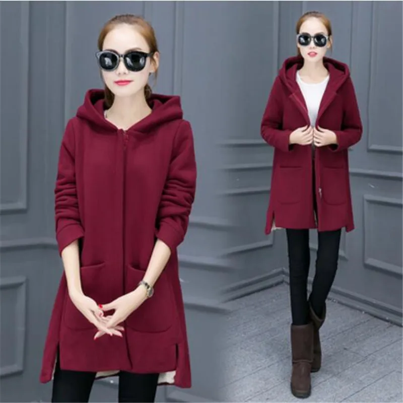 

Women's Hooded hoodies coat plus velvet thick zipper long section Slim tops autumn winter warm outerwear windproof Sweatshirts