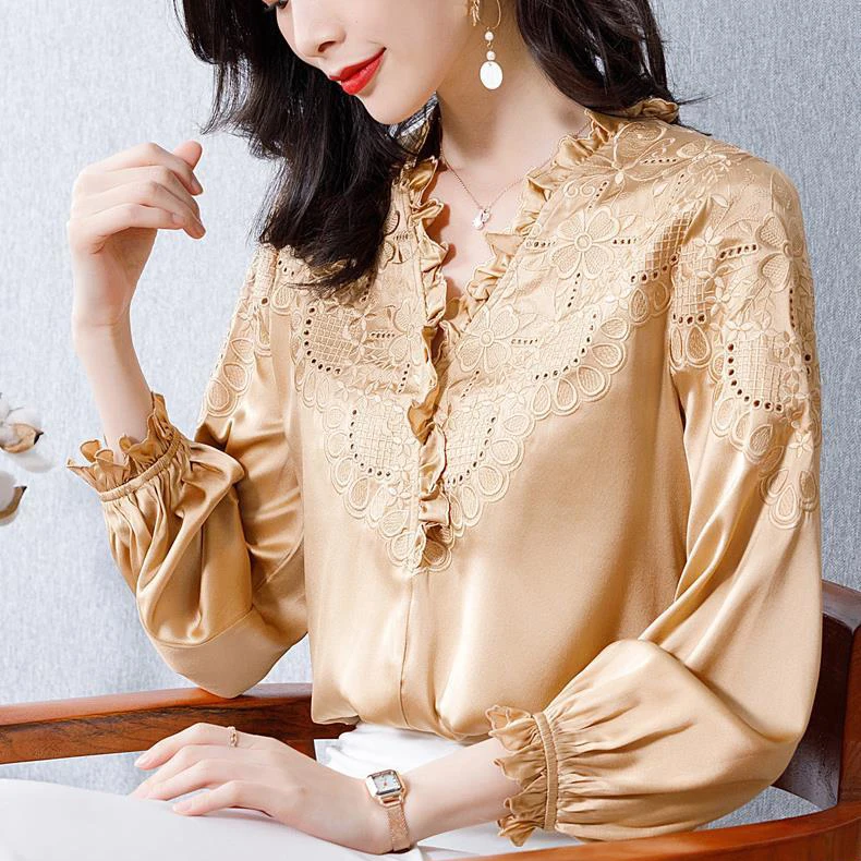 

Satin silk shirt female 2021 spring new design sense niche embroidered heavy silk blouse blusas femininas blusas rojas mujer