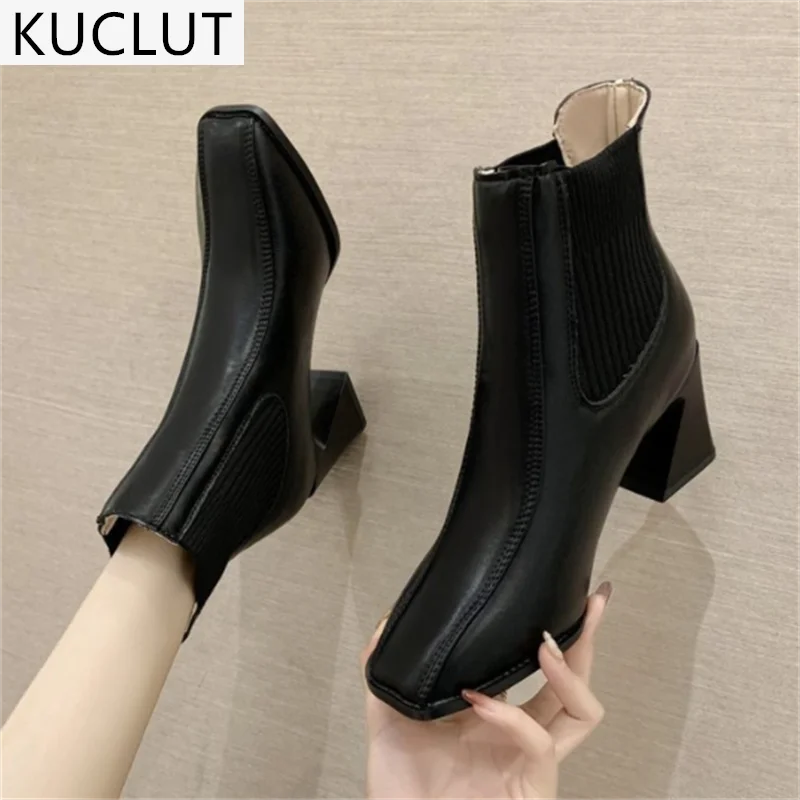 

2021 Autumn Women's Boots Fashion Square Head Comfortable Mid Heel Boots Shoes for Woman Outdoor Chelsea High Heels Ankle Boots