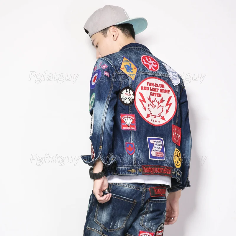 

Blue Denim Jacket Jeans Sets Men's Worn Slim Personality Tide Brand Street Dance Suit Embroidery Multi-Badge Jacket and Jeans