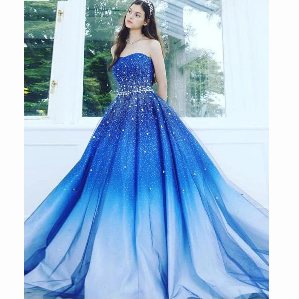 

A Line Blue Sweetheart Strapless Sleeveless Evening Dresse Sweep Train Prom Dresses Beads TulleEvening Dresses Gowns
