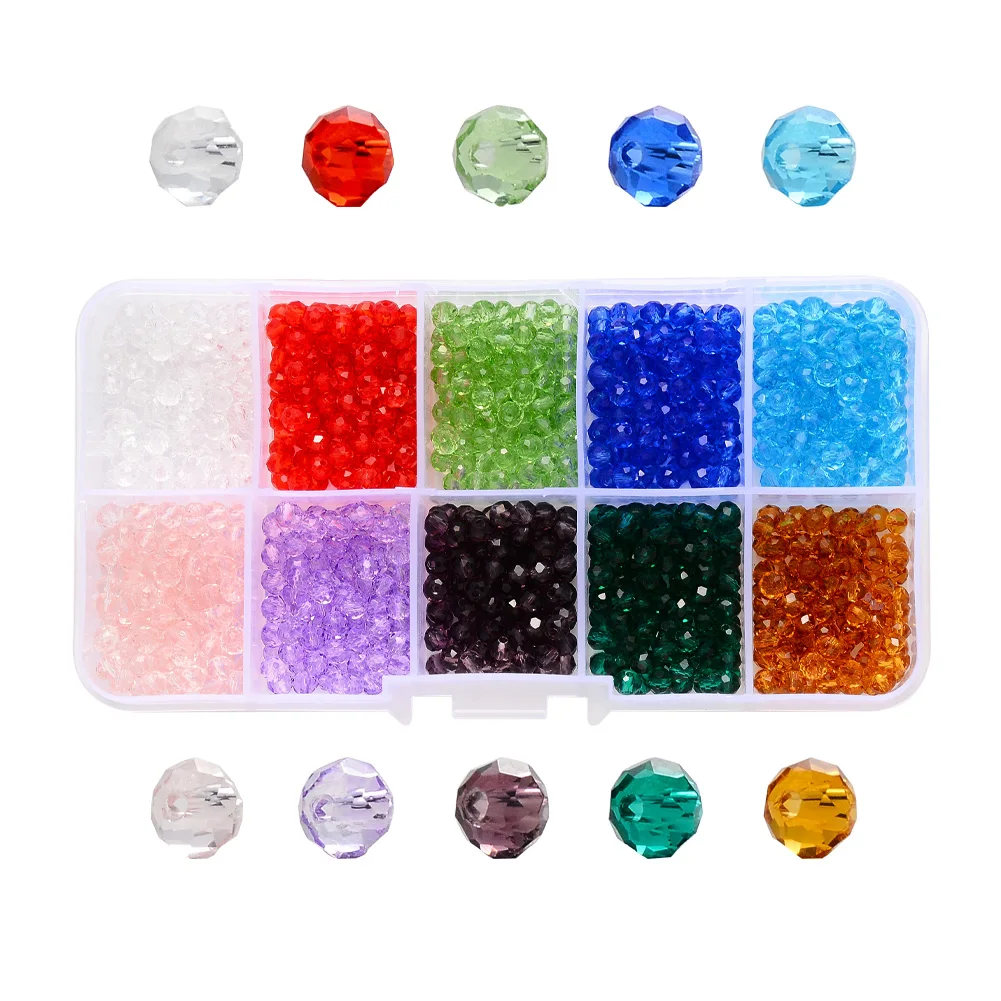 

1000pcs/box Transparent Glass Beads Faceted Rondelle 4mm Mixed Color 100pcs/color 10color/box