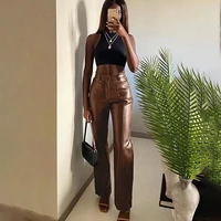 luxurious faux leather vintage y2k leisure straight pants for women autumn winter office lady slim design trousers female 2021