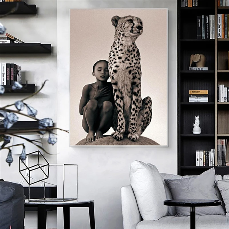 

African Animal Posters Boy and A Cheetah Canvas Painting Wild and Prints Wall Art Picture for Living Room Home Decor Cuadros