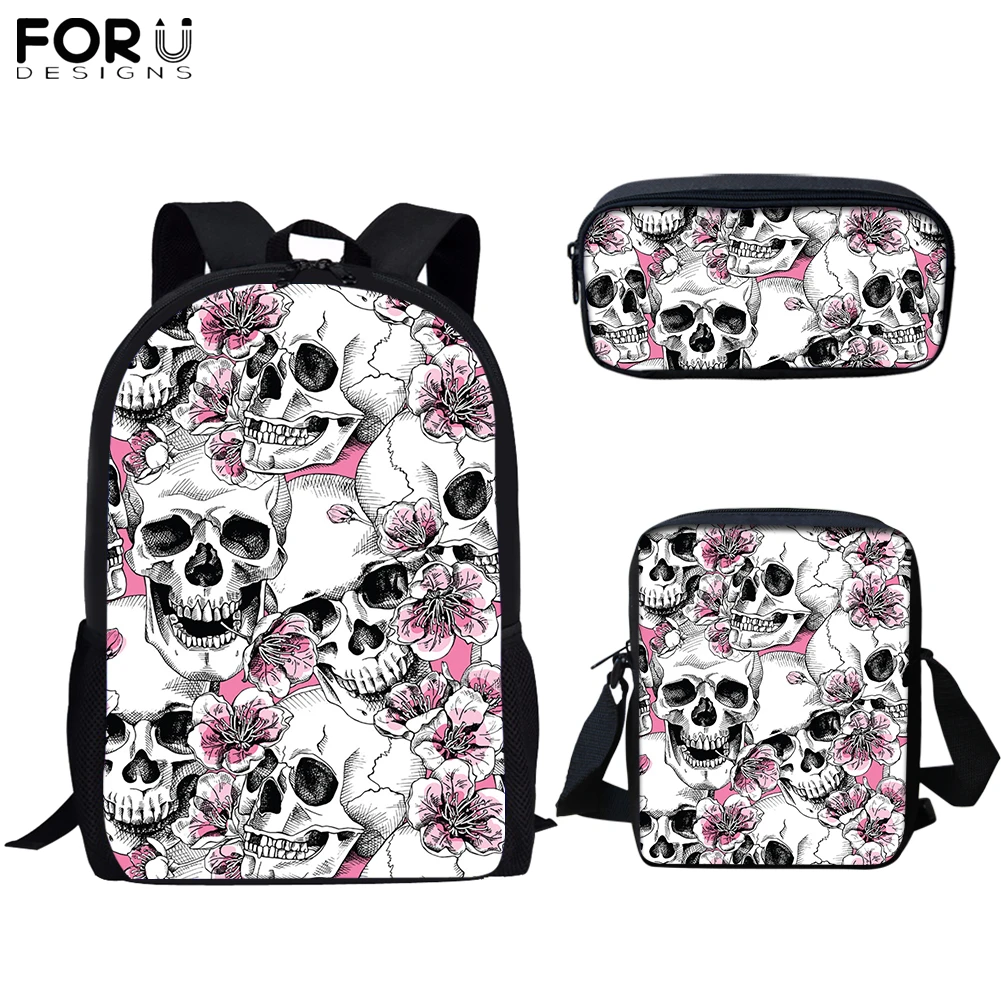 

Школьные ранцы FORUDESIGNS для мальчиков и девочек, комплект с 3d-черепом из сахара и цветочным рисунком, школьные ранцы для подростков, рюкзак для...