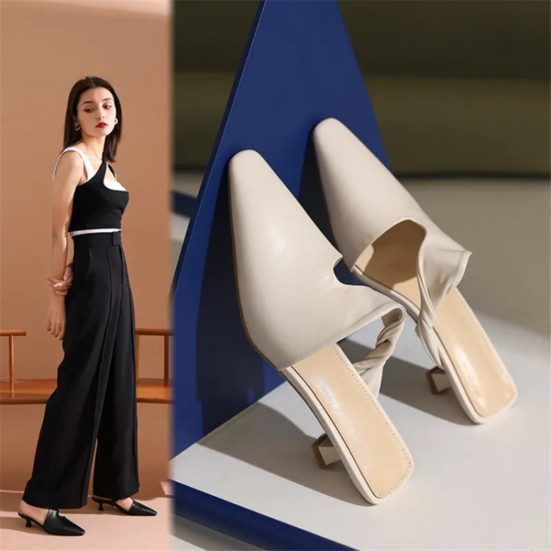 

Full Leather Inside and Outside 2021 Spring New Women's Shoes Genuine Leather Small Square Toe French Elegant Mid-heel Slippers