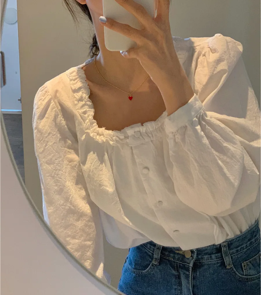 

Korean Style Elegant Square Collar Shirt with Wooden Ears Puff Sleeve Top White Long Sleeve Design Sense Niche 2021 Spring New
