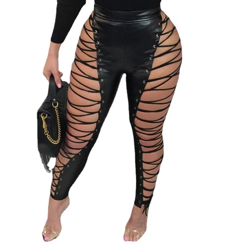 

Женские брюки, Новинка осени 2021, черные брюки, модные пикантные повседневные облегающие брюки с перекрестной шнуровкой, обтягивающие брюки ...