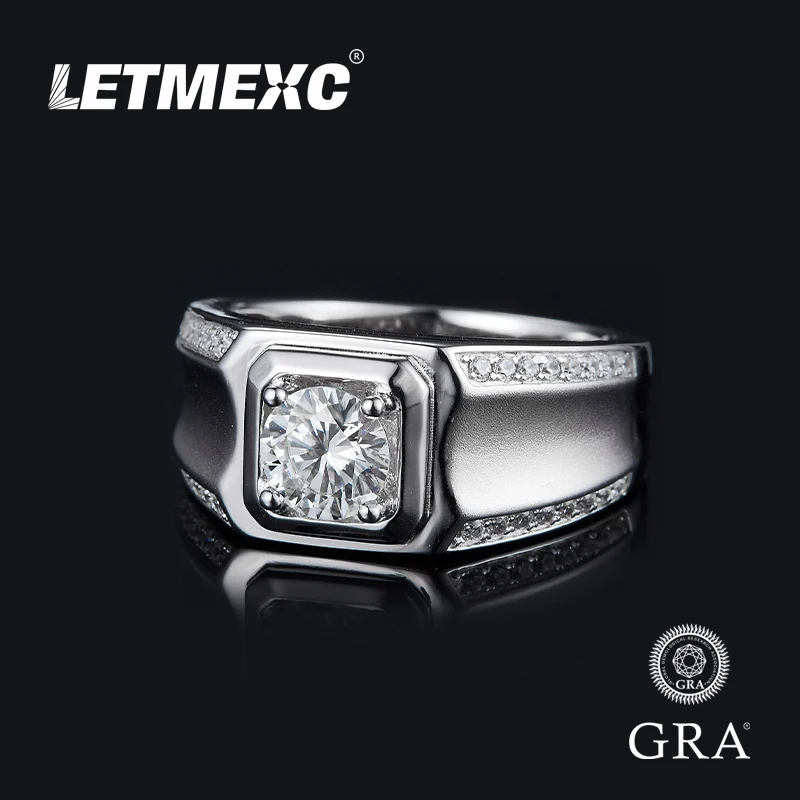 LETMEXC Men's Ring 925 Silver 1 Carat Moissanite Diamond D Color VVS1 Classic 3EX Cut With GRA Certificate