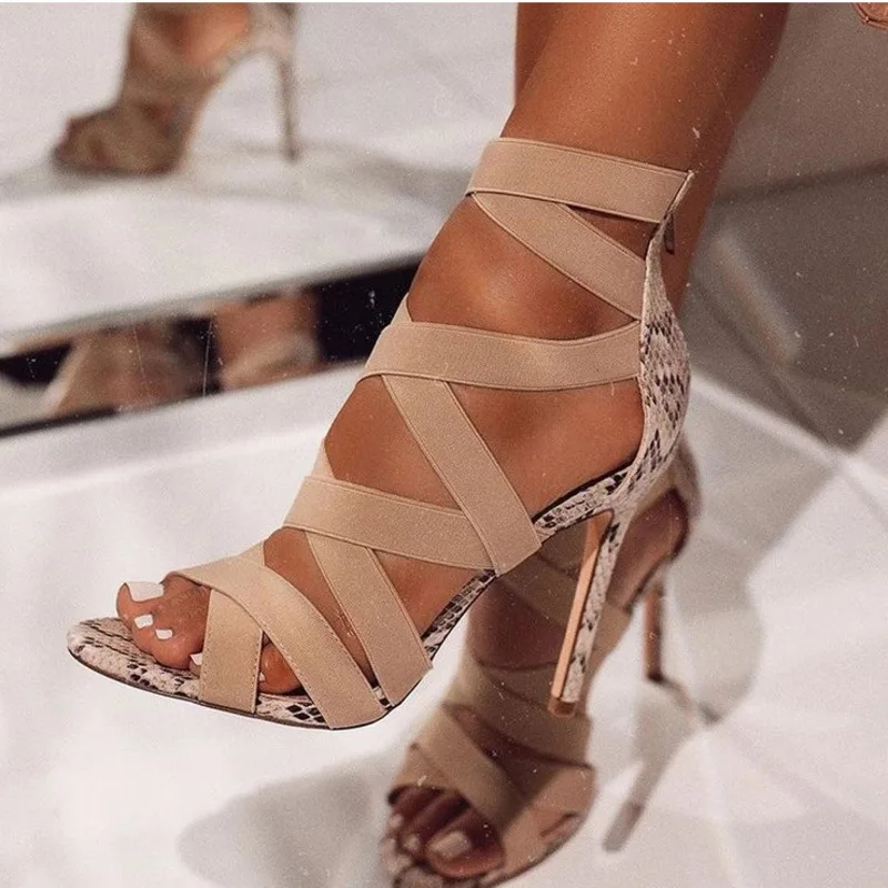 

Summer 2021 New Gladiator High Heels Women Sandals Peep Toe Cross-Tied Sandals Female Fashion Trend Snake-Print Women Shoes