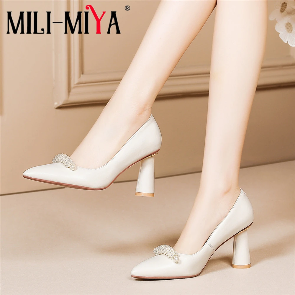 

MILI-MIYA Sexy Pointed Toe Women Sheep Skin Pumps Round Thick Heels Slip On Spring Autumn Dress Party Shoes Size 34-43 For Lady