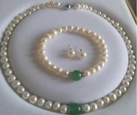 luxury noble jewelry natural white akoya pearl green bracelet necklace earrings jewelry set free shipping