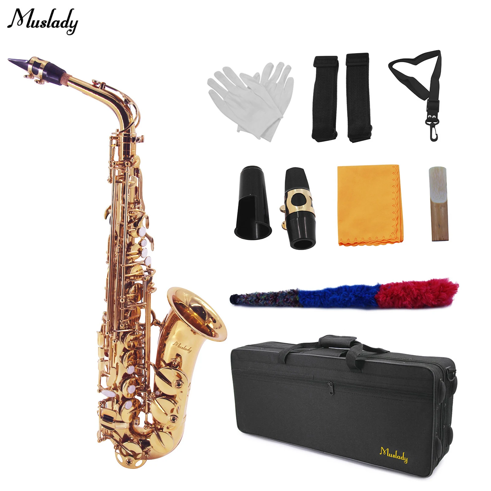 

Muslady AS-100 Eb Alto Saxophone Sax Brass 802 Key Type Sax set with Carrying Case Reed Cleaning Brush Cloth Gloves Straps