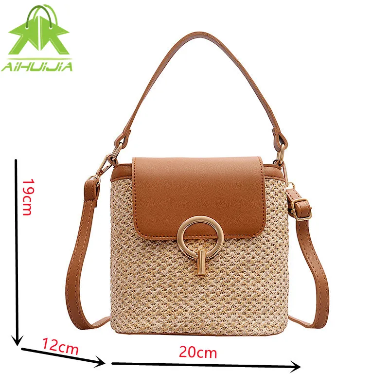 

Fashion Straw Shoulder Messenger Bags Women's Designer Luxury Woven Bucket Bag 2021 New Summer Beach Straw Bag Female Handbag