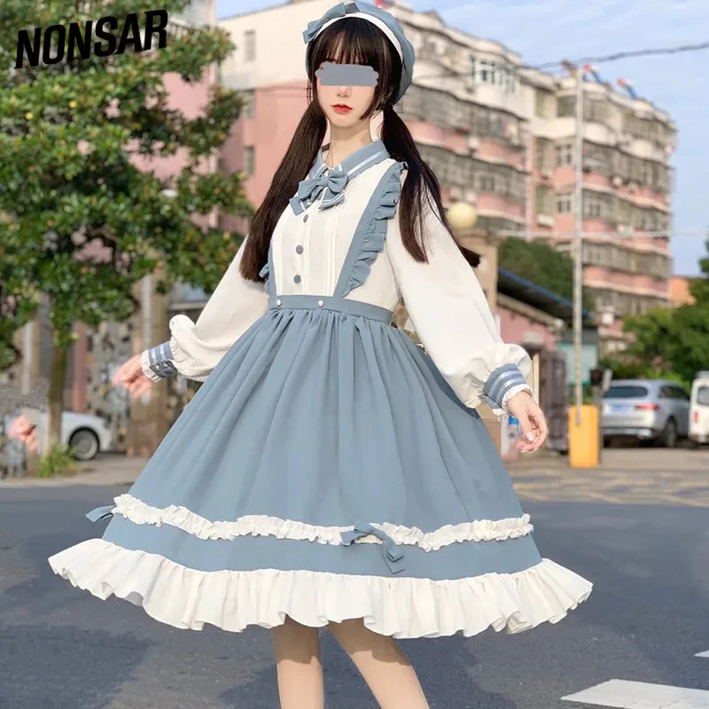 

NONSAR Women's Lolita Dress Blue Cute Long Sleeve Dress S-L Kawaii Big Bow New Soft Sisters Party Clothes With Hat