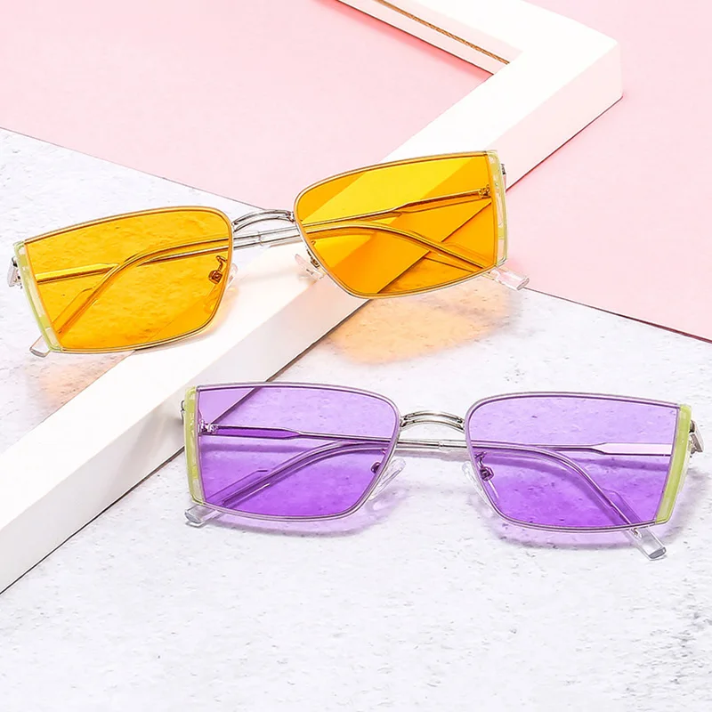 Популярные Модные прямоугольные цветные солнцезащитные очки Ins женские ретро