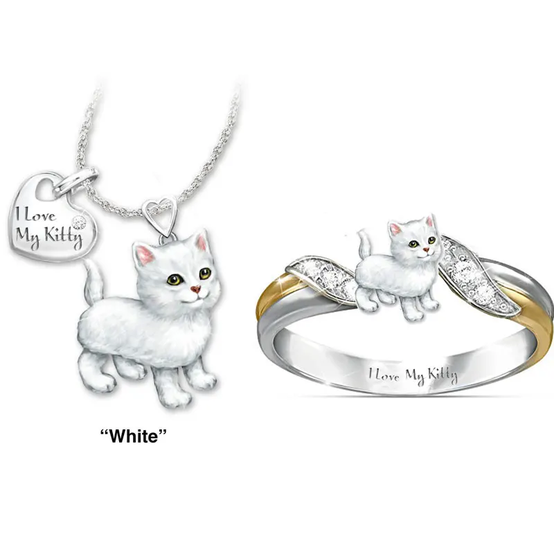 &quotI Love My Kitty&quot Cute Cat Jewelry Sets Cartoon Animal Necklace/Rings Sets&ampMore Statement Wedding Gifts | Украшения и