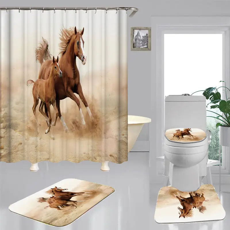 

Big Brown Horse Polyester Fabric Shower Curtain Non-Slip Bath Mat Toilet Lid Cover Rugs Home Bathroom Decor Set