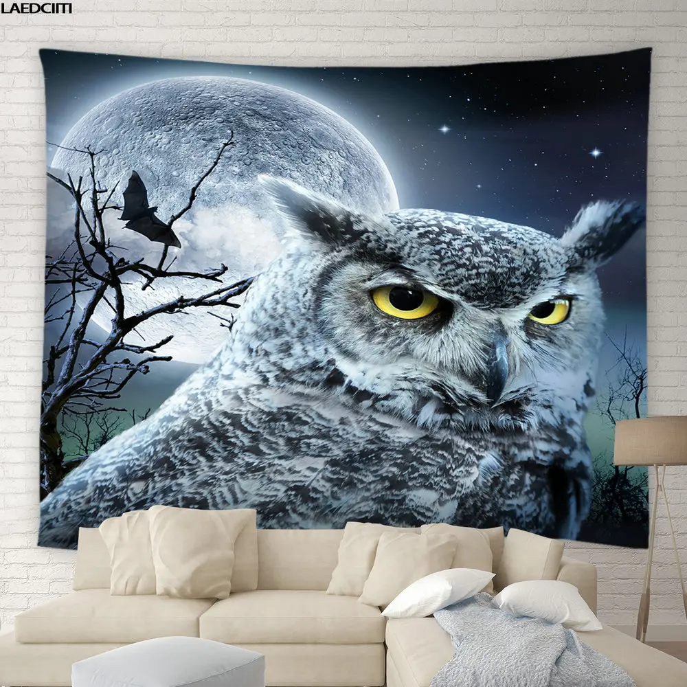 

Owl Tapestry Wild Animal Moon Night View Halloween Psychedelic Background Wall Hanging Cloth Dorm Living Room Bedroom Home Decor