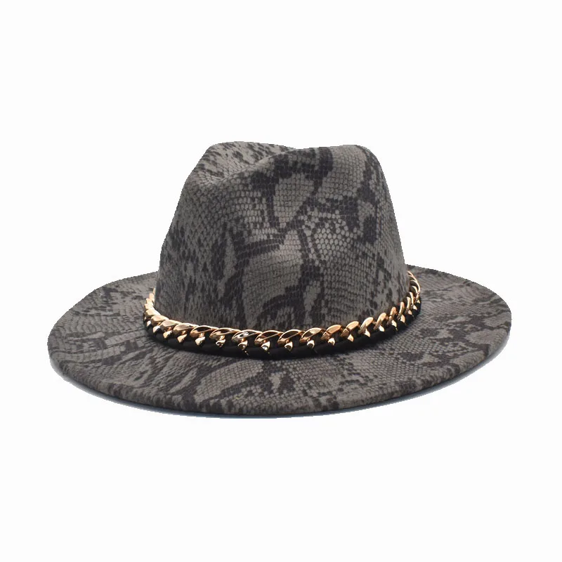 New Wool Fedoras Hats Women Autumn Winter Snake Print Chain Wide Brim Panama Jazz Caps Vintage Cowboy Hat Men F113