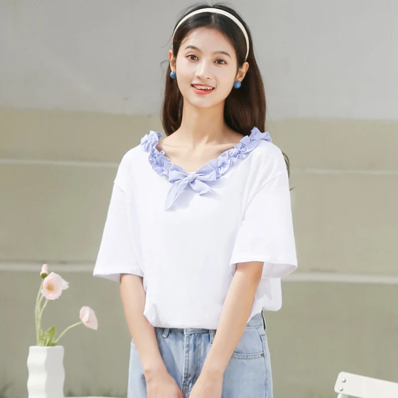 

Chic Khaki 2021 New Loose Color Matching Stringy Selvedge Short Sleeve T-shirt Women's Summer Student Cotton off-Shoulder Top