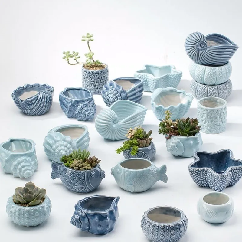 Европейский милый цветочный горшок фарфоровая ваза с синей рыбой мини бонсай