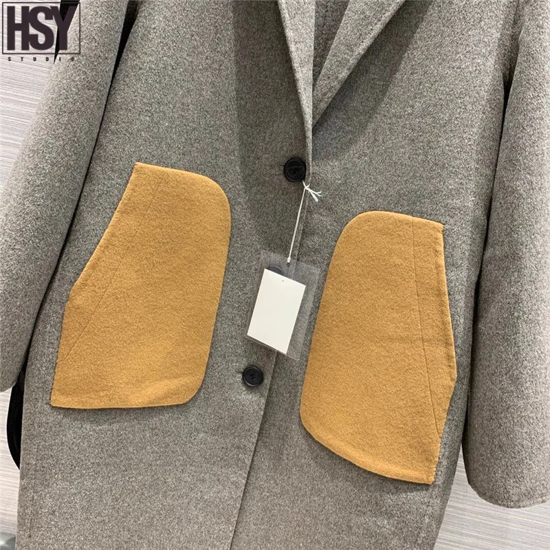 【HSY】2019 Осень Зима Новое Женское пальто камень серый микс изысканный цвет патч