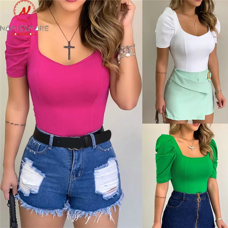 Элегантные женские летние футболки с коротким рукавом Дизайнерские однотонные