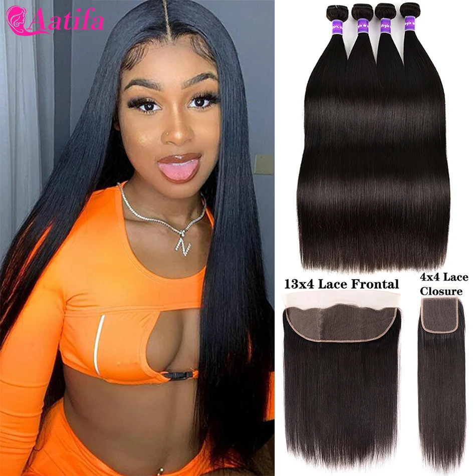 

Brazilian Straight Hair Bundles With Frontal 100% Human Hair 3/4 Bundles With Closure Remy Hair Lace Frontal With Bundles Aatifa