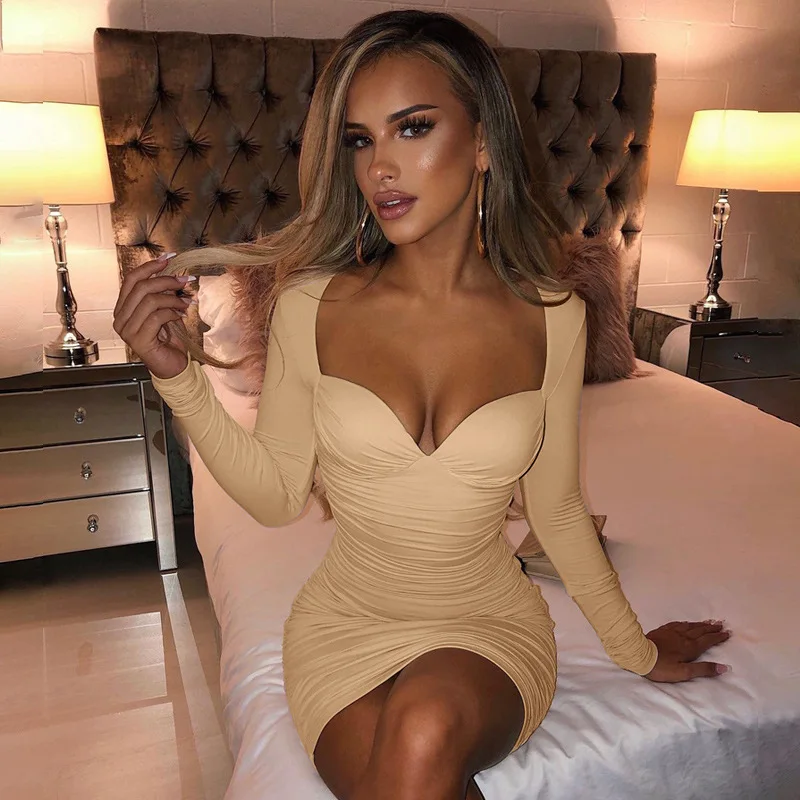 

Autumn Sext Pleated V Neck Skinny Mini Elegant Dress for Women Long Sleeve Bodycon Vestidos Casual Office Lady Outfits 2021