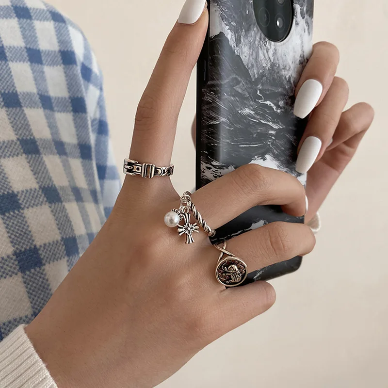 

S925 Silver Ring For Men And Women Simple Ring Elephant Cross Pearl Belt Buckle Ins Style 2021 European And American New Trends