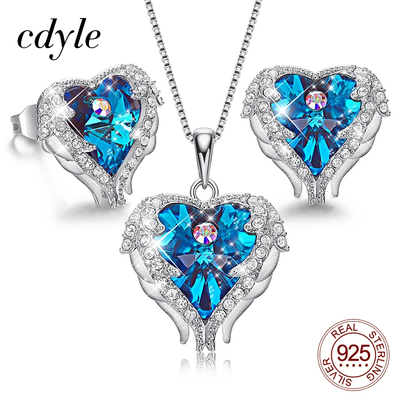 

Cdyle 925 Sterling Silver Necklace Earrings Set Embellished with Crystal Fashion Jewelry Heart of Ocean Charm