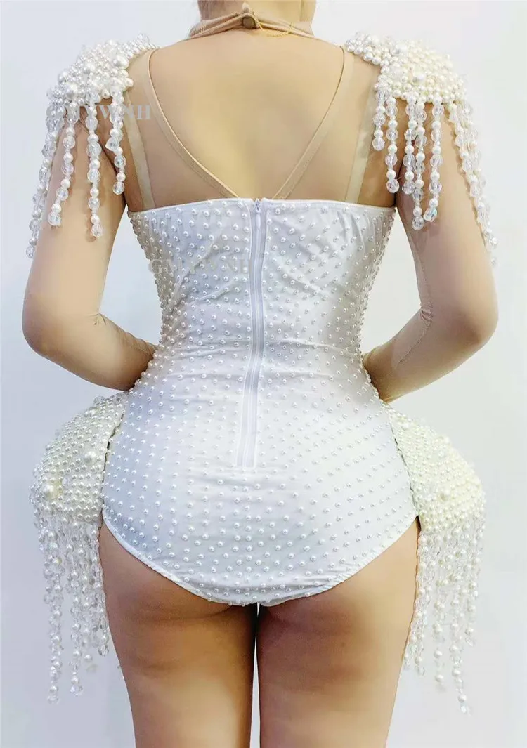 R43 певица сценические танцевальные костюмы Белый жемчуг кисточка Боди без