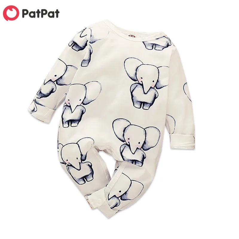 

PatPat 2020 New Spring and Autumn Cute Allover Elephant Long-sleeve Jumpsuit in White for Baby Buy Clothes