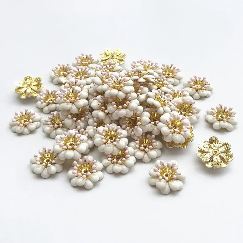 

50 Pieces/lot 17.5mm White Color Oil Drop Brass Flower Spacer Beads End Caps Pendant DIY Bag Hair Accessories Charms Connectors