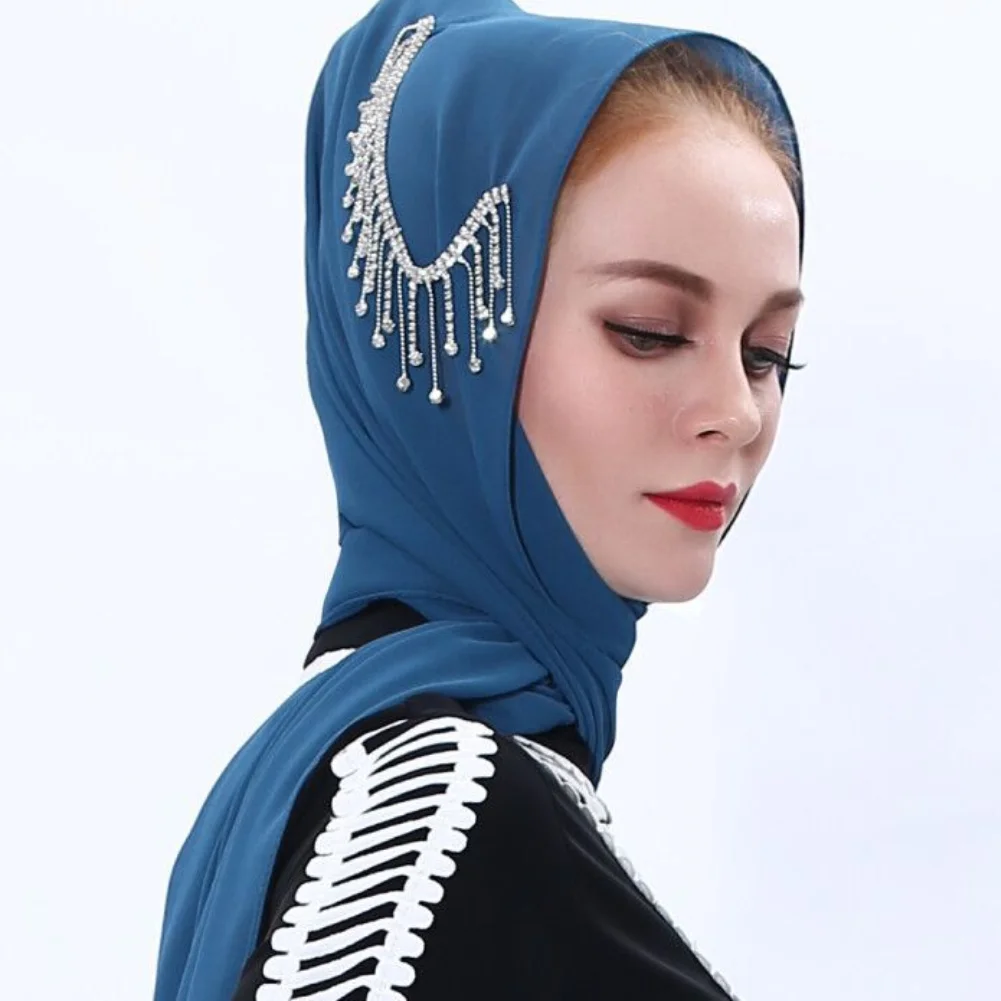 

Новинка 2021, мусульманская летняя шифоновая шапка с водяными бриллиантами и кисточками, модный арабский Дубайский длинный женский шарф, мус...